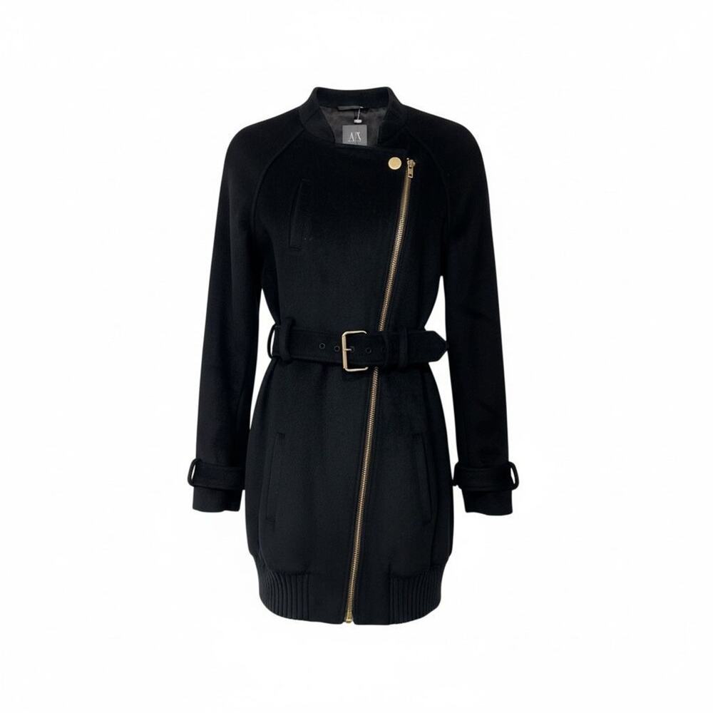 Armani Exchange  Black Wool  Jacket Coat Asymmetrical Zip Belted Sz S